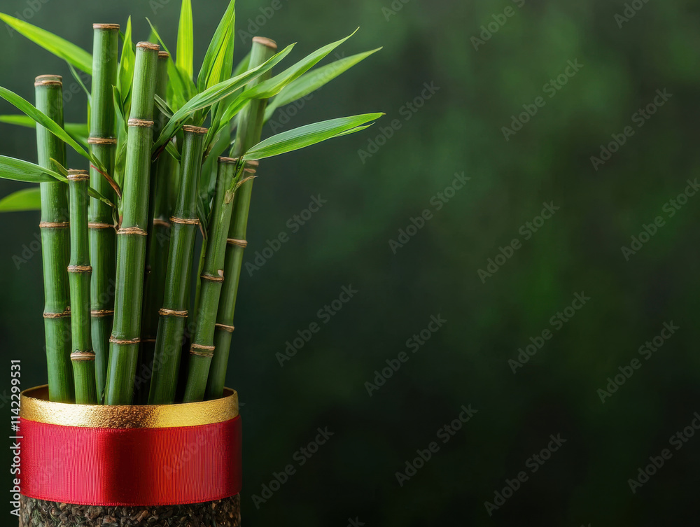 Fototapeta premium Bamboo plants with golden edges and vibrant red ribbon