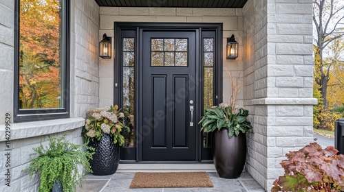 Modern black front door with fall decor.