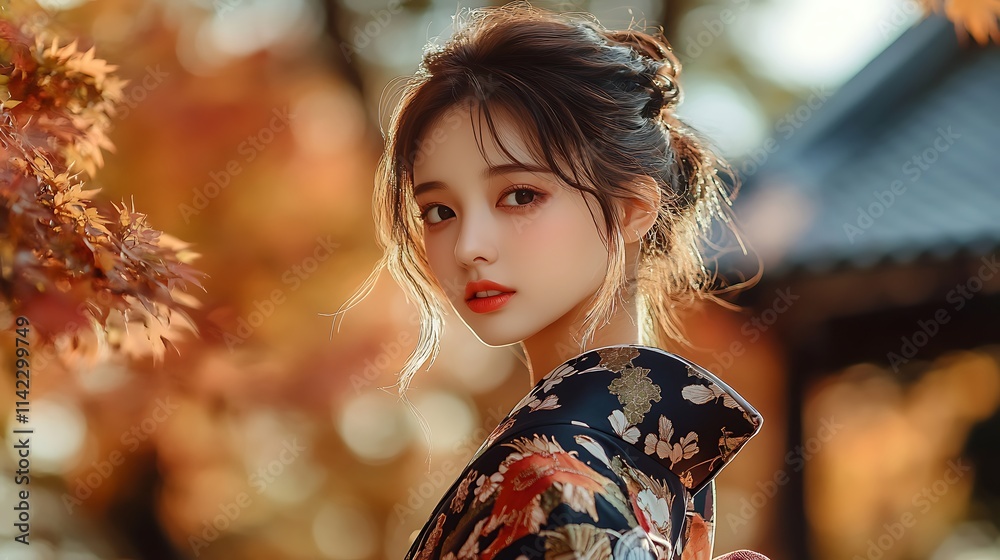 Japanese female model in an elegant kimono, standing in front of a traditional temple with copy space
