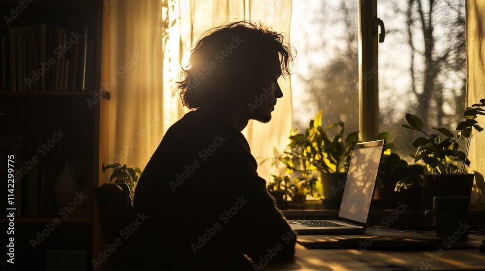 person working on laptop in window light person working on laptop in window light