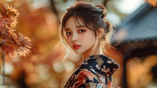 Obraz na płótnie Japanese female model in an elegant kimono, standing in front of a traditional temple with copy space w salonie