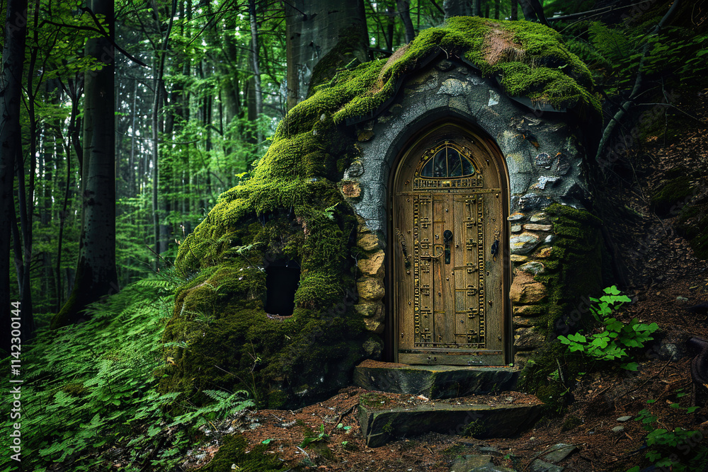 Fantastically door in wild forest leading to deep unknown Fantastically door in wild forest leading to deep unknown