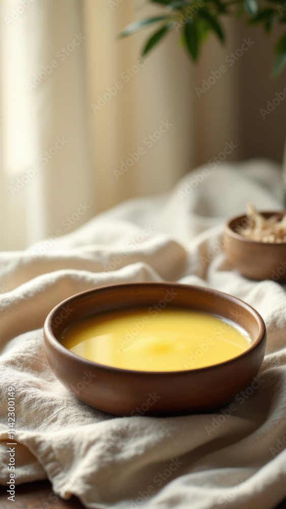 Small bowl filled with yellow substance sitting on cloth-covered table. Small bowl filled with yellow substance sitting on cloth-covered table.