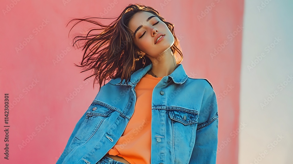Female model in denim jacket and skirt, posing casually with carefree vibe