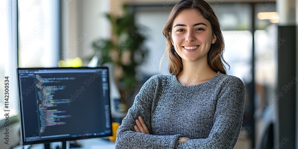 Portrait of a female software tester standing in a tech workspace