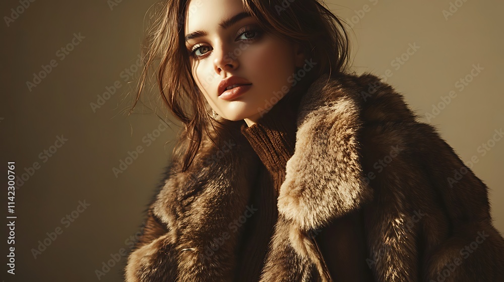 Female model in luxurious fur coat exuding elegance under soft spotlight effects, perfect for high end advertisements