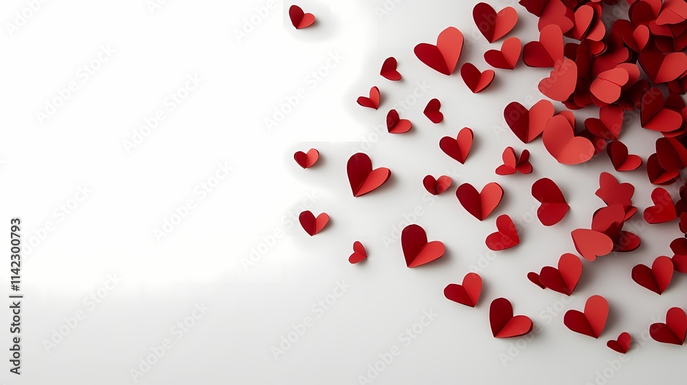 A Beautiful Arrangement of Red Paper Hearts Spread Across a Clean White Surface Creating a Romantic and Playful Atmosphere for Valentine's Day or Love Themes
