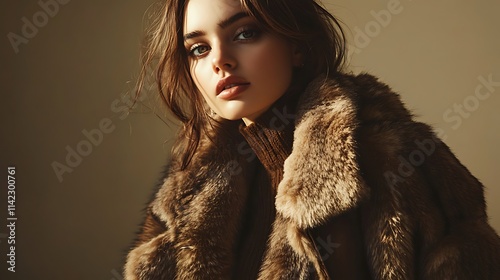 Obraz na płótnie Female model in luxurious fur coat exuding elegance under soft spotlight effects, perfect for high end advertisements w salonie