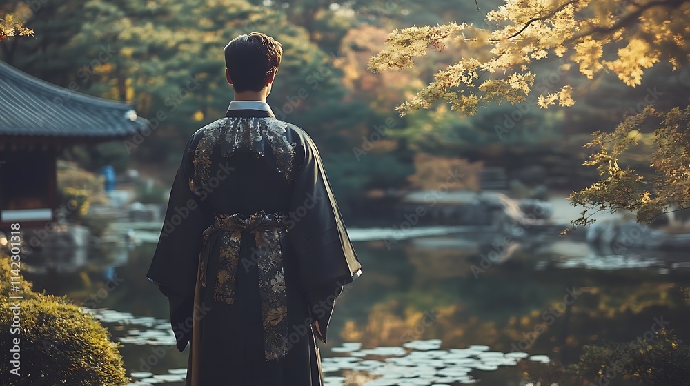 A Korean male model in a traditional hanbok, standing in a serene garden in Seoul