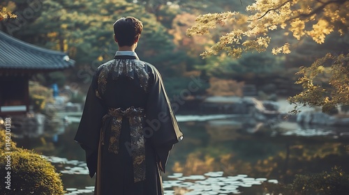 Obraz na płótnie A Korean male model in a traditional hanbok, standing in a serene garden in Seoul w salonie