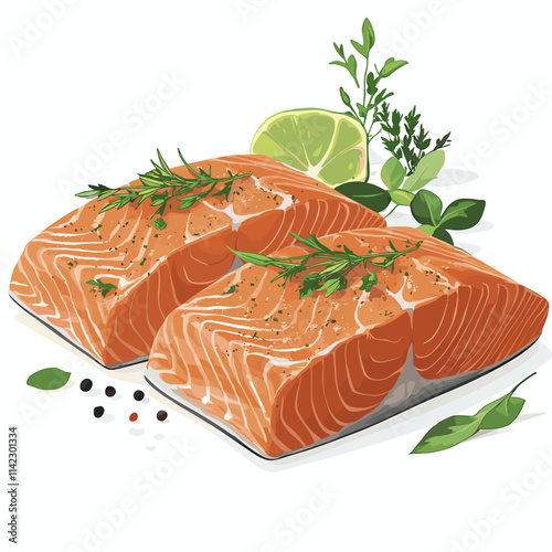 Two pieces of fresh and tasty raw salmon steaks, sliced fillet slices of redfish, organic seafood, vector image isolated on a white background