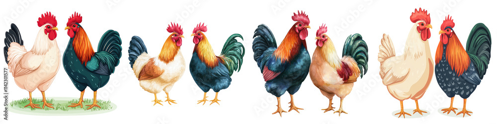 Fototapeta premium Diverse and Colorful Chickens and Roosters in a Farm Setting