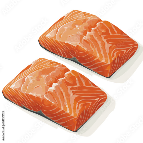 Two pieces of fresh and tasty raw salmon steaks, sliced fillet slices of redfish, organic seafood, vector image isolated on a white background