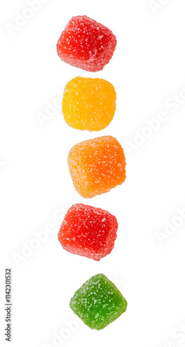 Colorful gummy candy cubes in a vertical stack isolated on transparent background