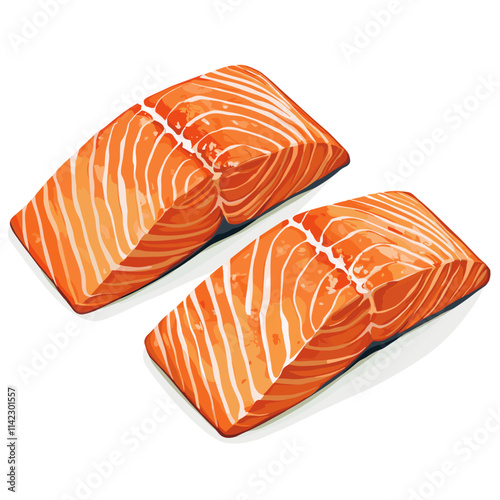 Two pieces of fresh and tasty raw salmon steaks, sliced fillet slices of redfish, organic seafood, vector image isolated on a white background