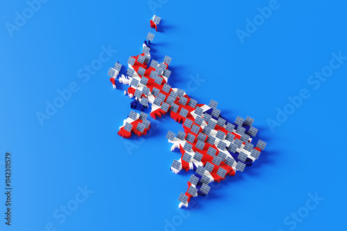 UK map model full of solar panels on a blue background. Illustration of the concept of British solar panel grants and funding, and solar farms