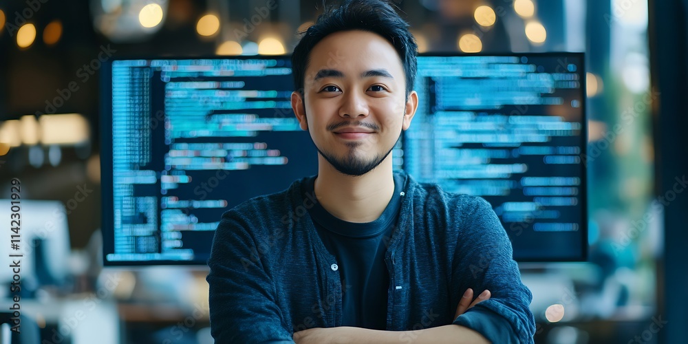 Male software developer standing confidently in front of a computer screen filled with code