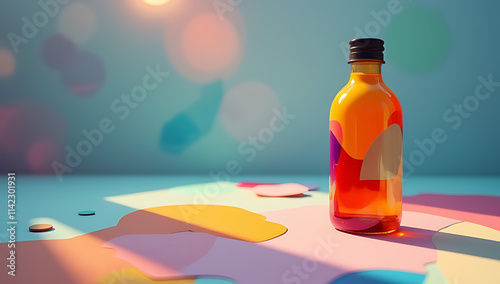 Colorful abstract bottle mockup on a minimalist worktable sparks business ideas and showcases creative design concepts and imagination._00003_