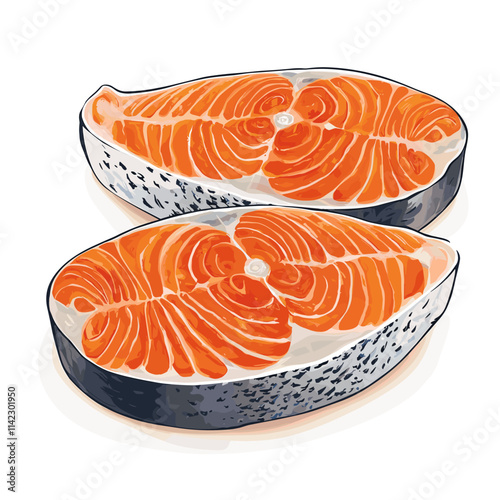 Two pieces of fresh and tasty raw salmon steaks, sliced fillet slices of redfish, organic seafood, vector image isolated on a white background