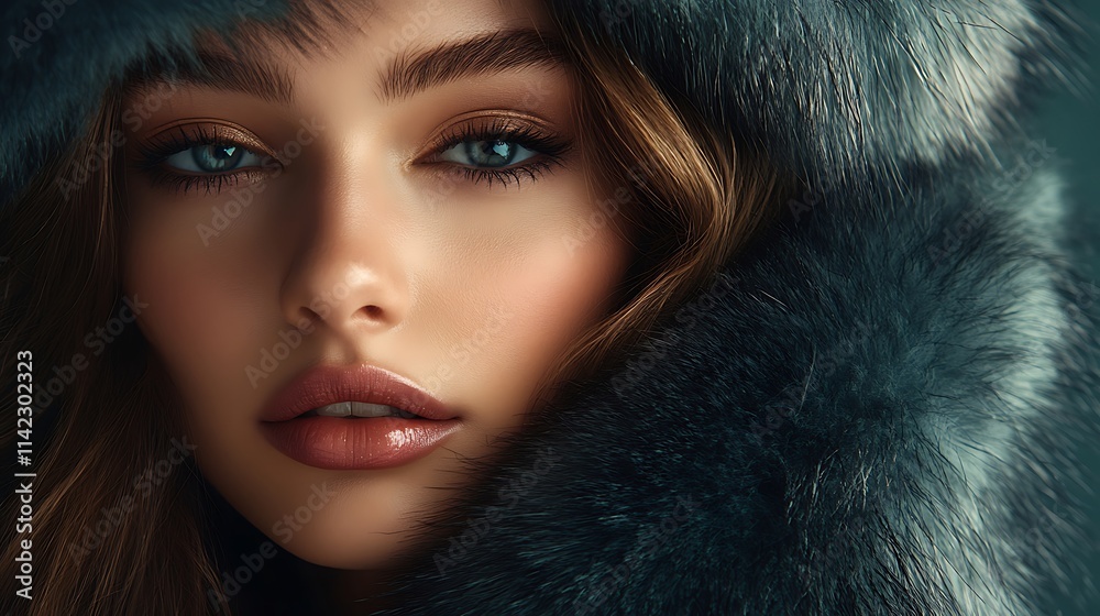 Female model in luxurious fur coat exuding elegance under soft spotlight effects, perfect for high end advertisements