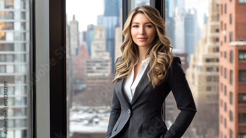 Obraz na płótnie Female model wearing business suit, standing by a window with city view in the background w salonie