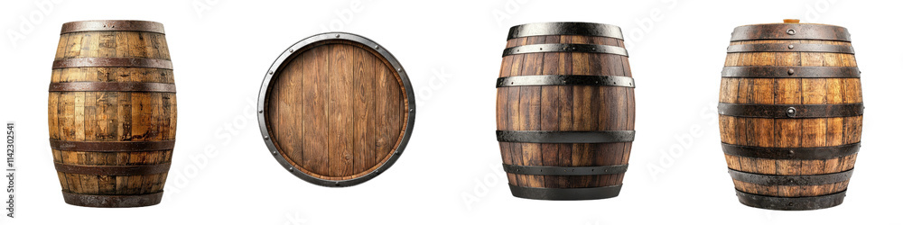 Traditional whiskey barrels with rustic wood and metal rings evoke classic charm Traditional whiskey barrels with rustic wood and metal rings evoke classic charm