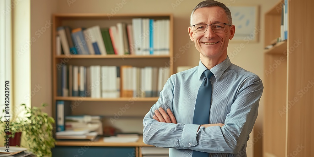 Portrait of a psychologist standing warmly in a private office, smiling, portrait shot, looking at the camera