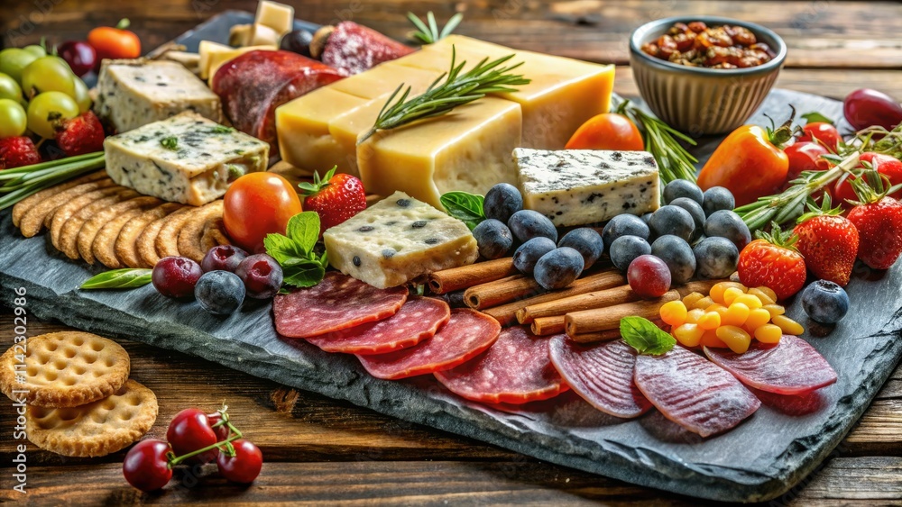 Slate charcuterie board: A feast for the eyes. AI-generated images capture gourmet food's elegance. Slate charcuterie board: A feast for the eyes. AI-generated images capture gourmet food's elegance.