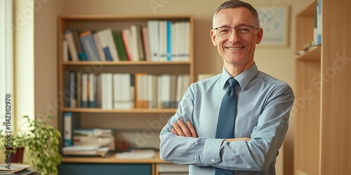 Portrait of a psychologist standing warmly in a private office, smiling, portrait shot, looking at the camera