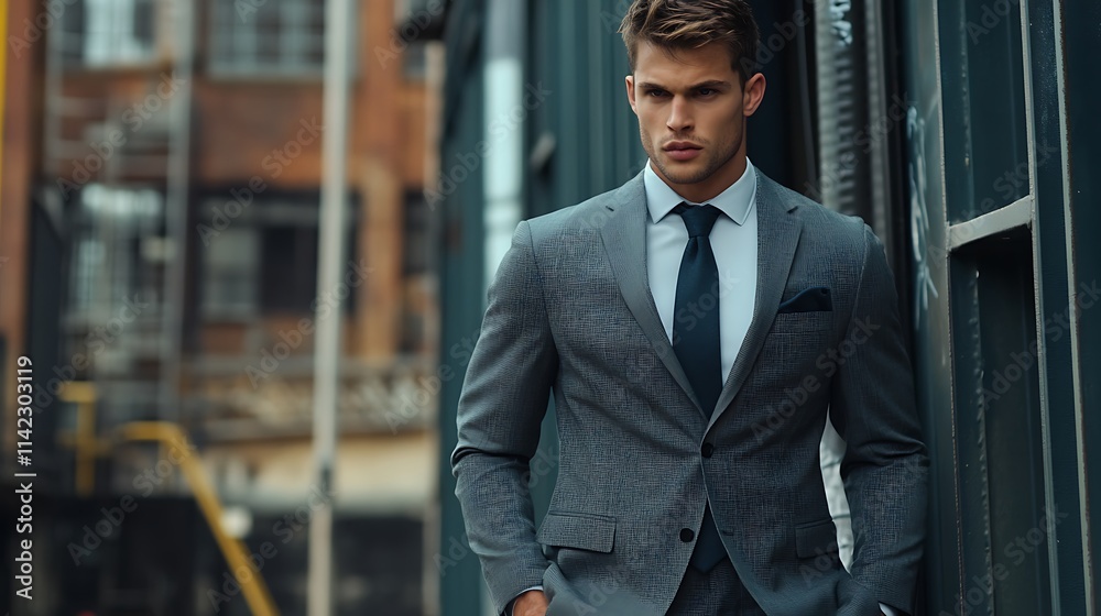 Male model in gray suit walking in an urban setting with office buildings