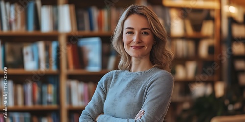 Portrait of a female children’s book author standing warmly in a cozy library