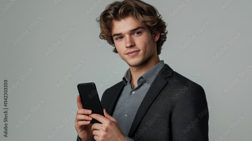 young man using mobile phone wearing a suit jacket