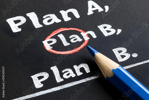 Plan B concept with words written on a chalkboard, highlighting Plan B circled in red and a blue pencil pointing towards it, symbolizing backup strategy, choices, and alternatives.

 photo