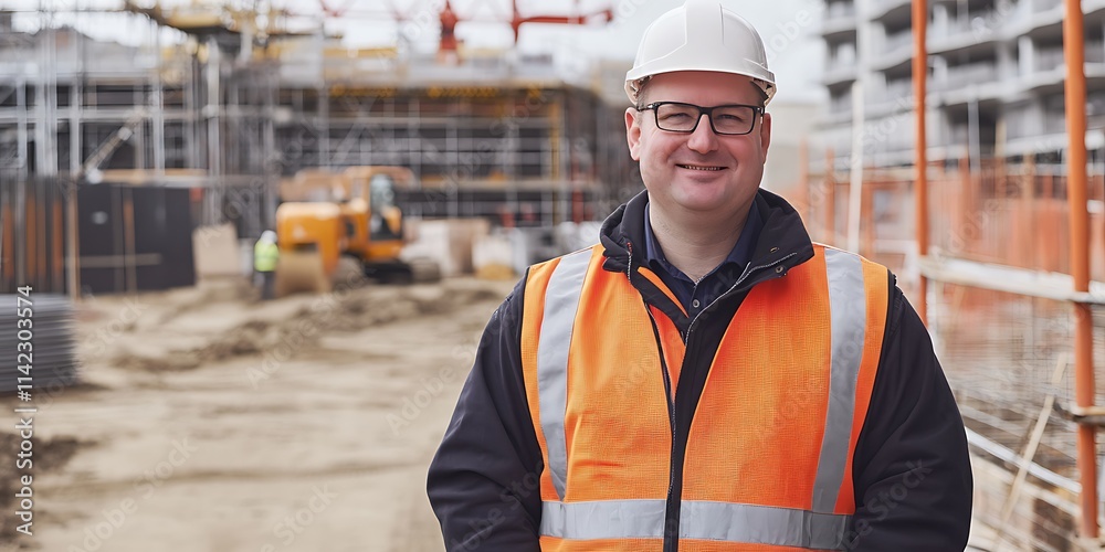 Structural engineer standing confidently in a construction zone, overseeing building progress