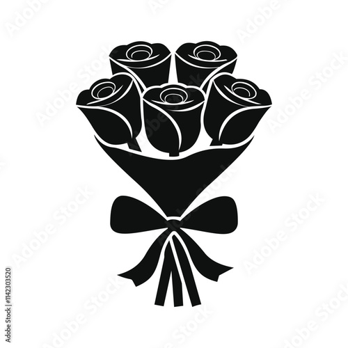 A simple full black a rose bouquet tied with a ribbon silhouette