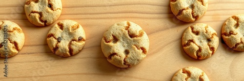 Freshly baked sweet cookies arranged on a wooden surface inviting a cozy treat experience