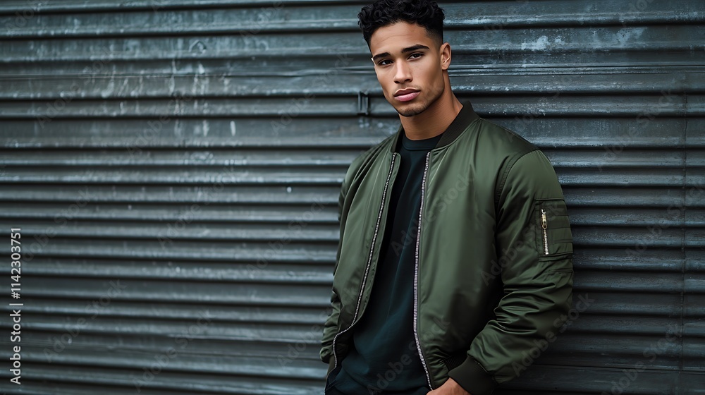 A male model wearing a bomber jacket, posing against an industrial metal door