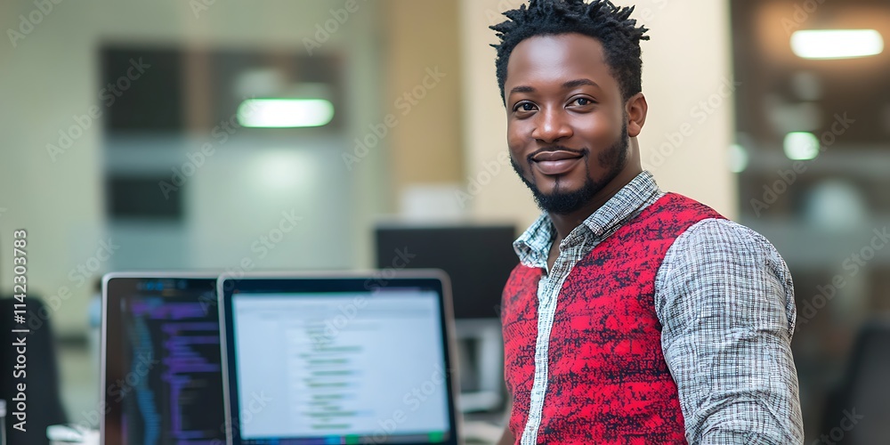 A Nigerian male software developer standing confidently in front of a laptop, working on an app, smiling