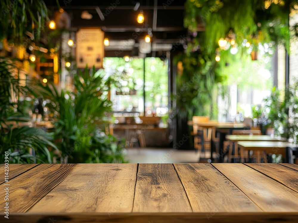 Fototapeta premium Empty wooden table in a blurred background of a trendy cafe with lush greenery and warm lighting.