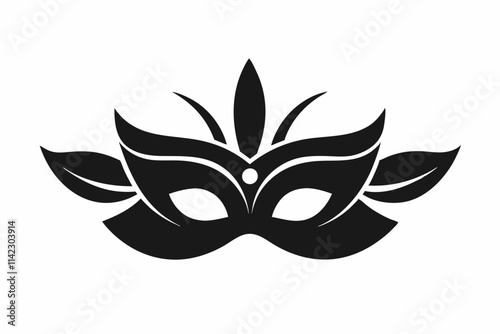 Carnival mask icon black silhouette isolated on white background. Mask with feathers pictogram. Vector illustration