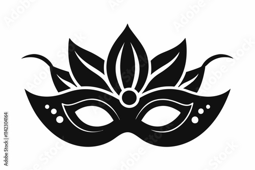 Carnival mask icon black silhouette isolated on white background. Mask with feathers pictogram. Vector illustration
