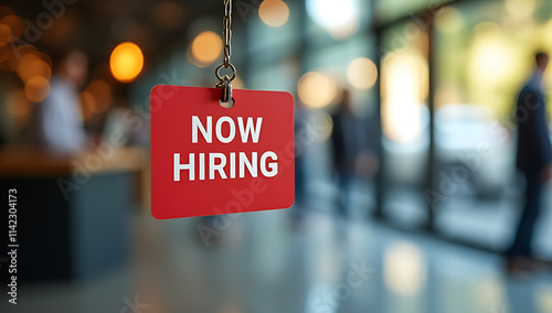 Business seeking employees advertises job opening with identification card featuring bold NOW HIRING message in the background._00003_