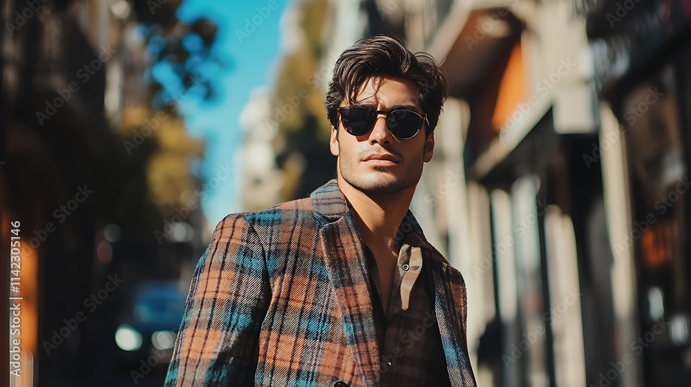 Argentinian male model in stylish jacket, posing on vibrant Buenos Aires street, fashionable shot