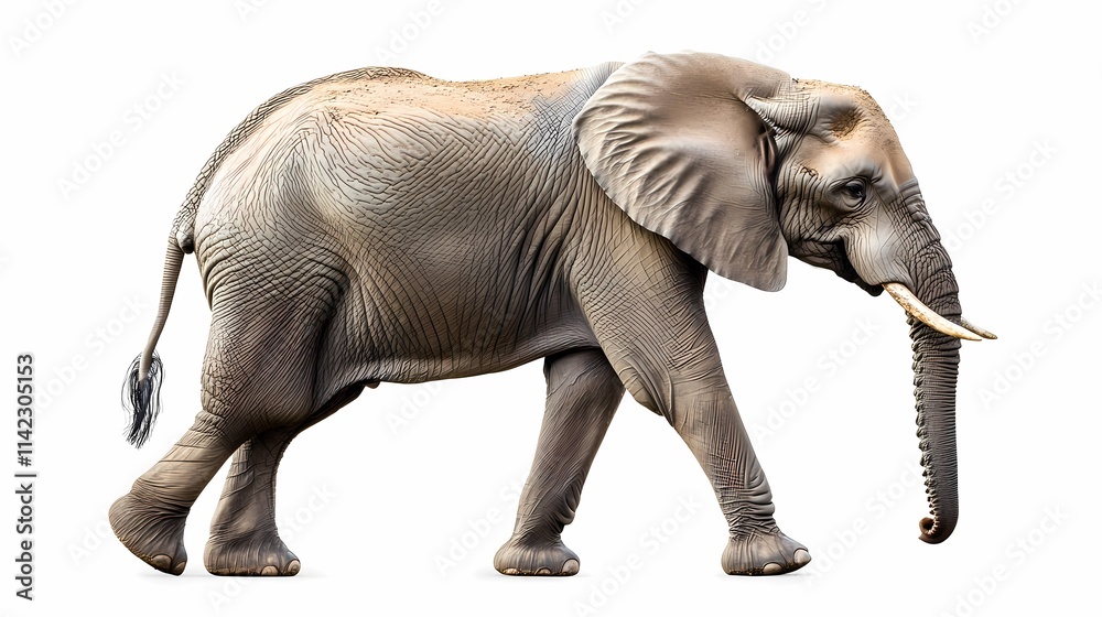 Obraz premium Realistic Illustration of an African Elephant Walking Gracefully, Showcasing Detailed Texture and Natural Colors on a White Background for Educational and Creative Use