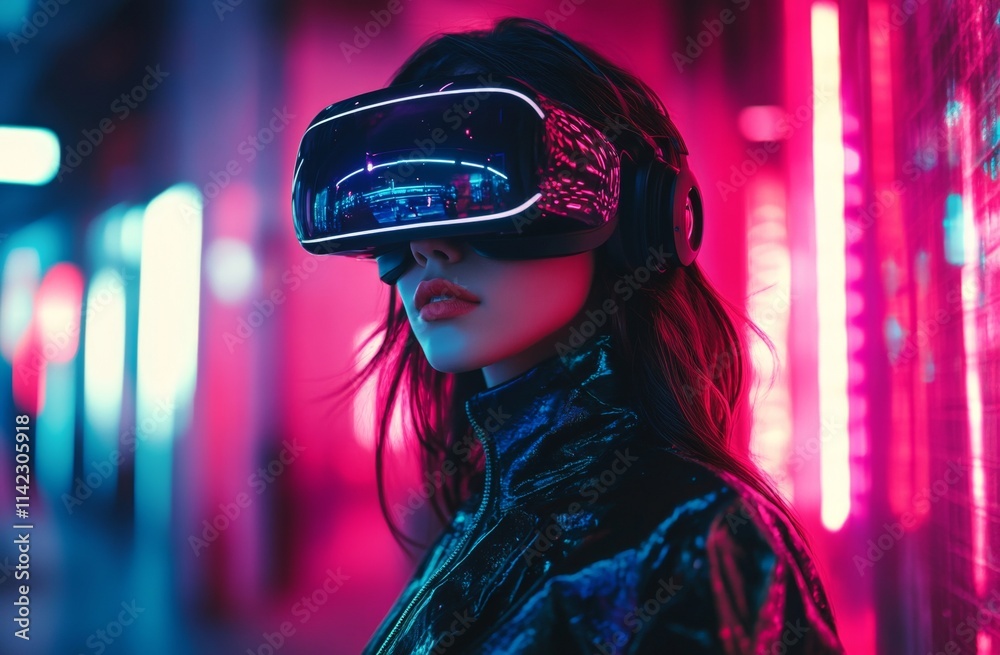 A woman wearing a virtual reality headset stands in front of a colorful wall A woman wearing a virtual reality headset stands in front of a colorful wall
