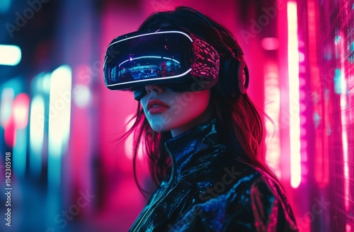 A woman wearing a virtual reality headset stands in front of a colorful wall