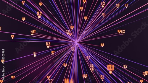 Orange numbers connected by purple light beams radiate from center in starburst pattern. Dynamic data visualization resembles exploding star chart or network connections against dark background. 3D re