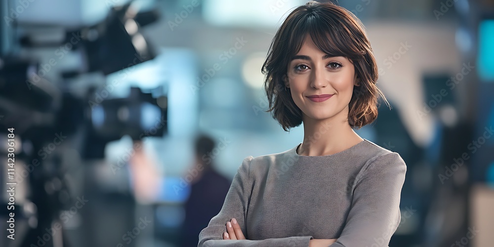 Portrait of a female journalist standing confidently in a newsroom, smiling, portrait shot, looking at the camera