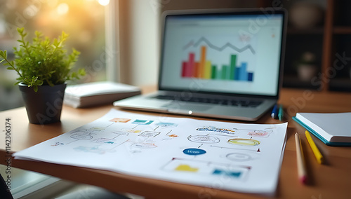 Wallpaper Mural Brainstorming marketing ideas involves creative planning with a laptop and notepaper on a wooden table to spark innovative concepts._00003_ Torontodigital.ca