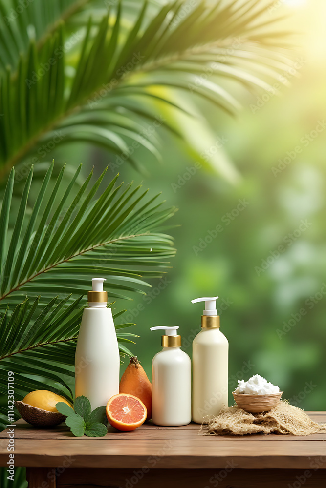 atural setting with a wooden table and fresh greenery creates an inviting backdrop for summer product displays on a blur coconut leaf background._00002_ atural setting with a wooden table and fresh greenery creates an inviting backdrop for summer product displays on a blur coconut leaf background._00002_